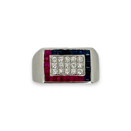 VINTAGE DIAMOND, RUBY, + SAPPHIRE RECTANGULAR SIGNET RING