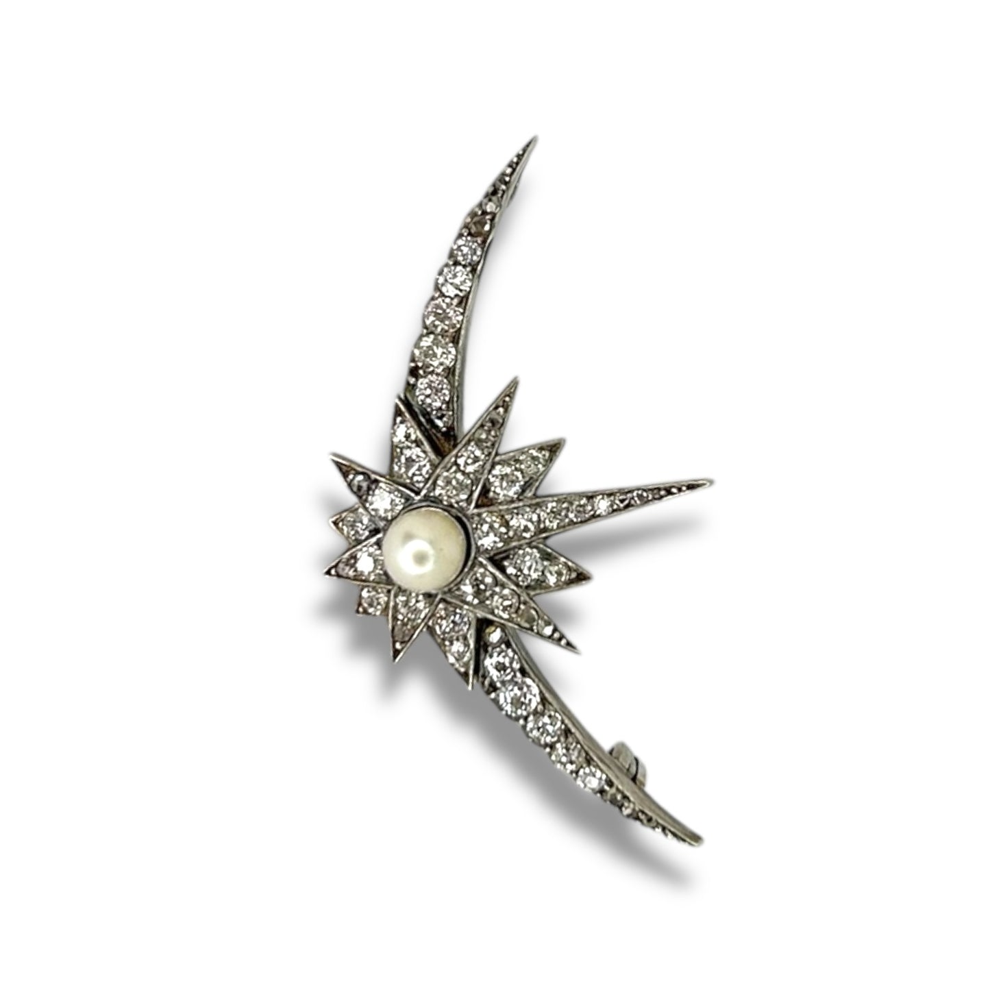 Antique Celestial Pearl Crescent Brooch w/ Diamonds
