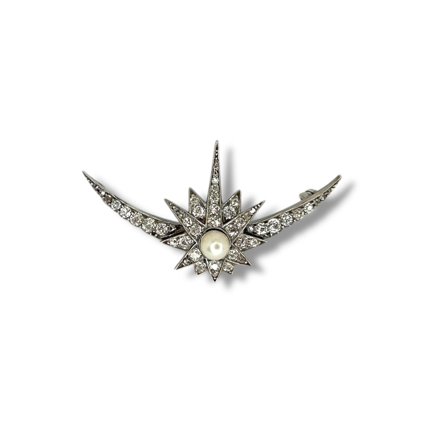 Antique Celestial Pearl Crescent Brooch w/ Diamonds