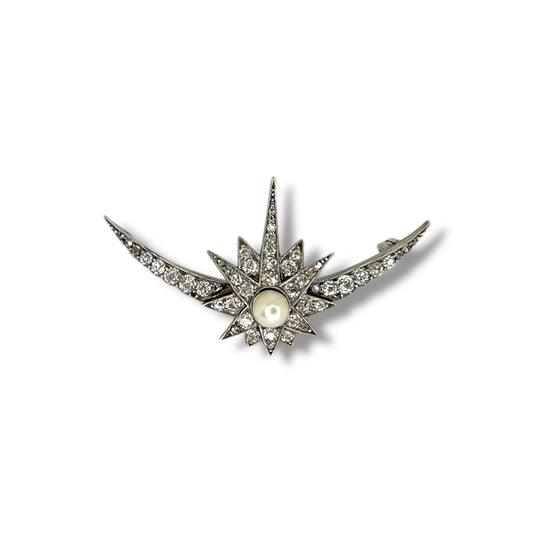 Antique Celestial Pearl Crescent Brooch w/ Diamonds