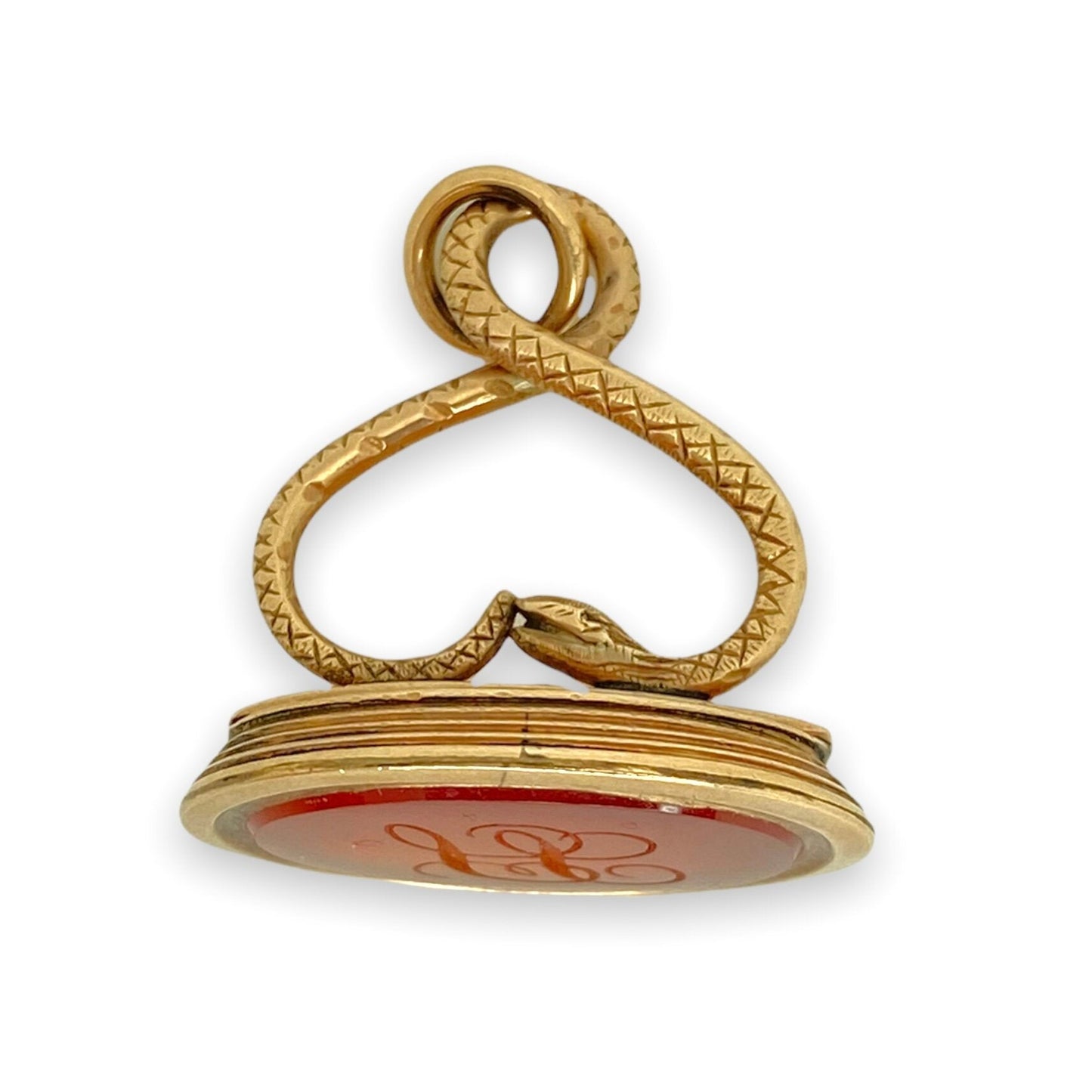 ANTIQUE 9K FOB PENDANT w/ SNAKE + ENGRAVED CARNELIAN