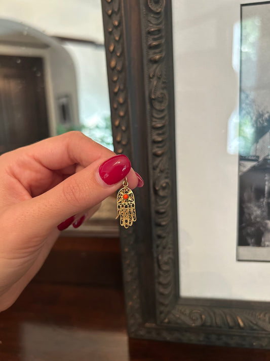 Vintage Hamsa Gold Charm w/ Coral