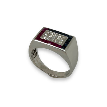 VINTAGE DIAMOND, RUBY, + SAPPHIRE RECTANGULAR SIGNET RING