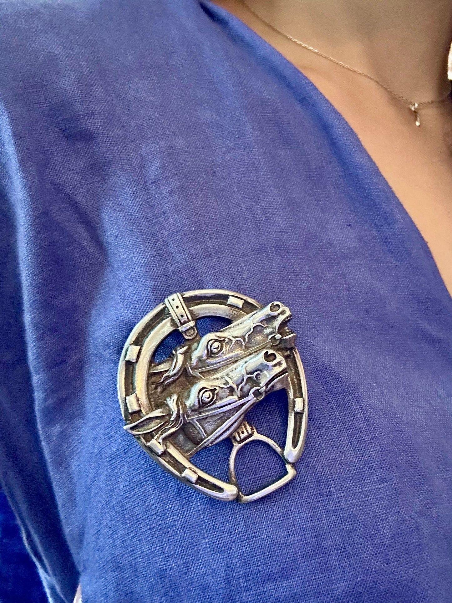 Double Horse Silver Brooch
