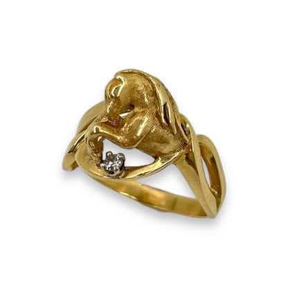 VINTAGE 14K 3D HORSE JUMPING RING w/ DIAMOND