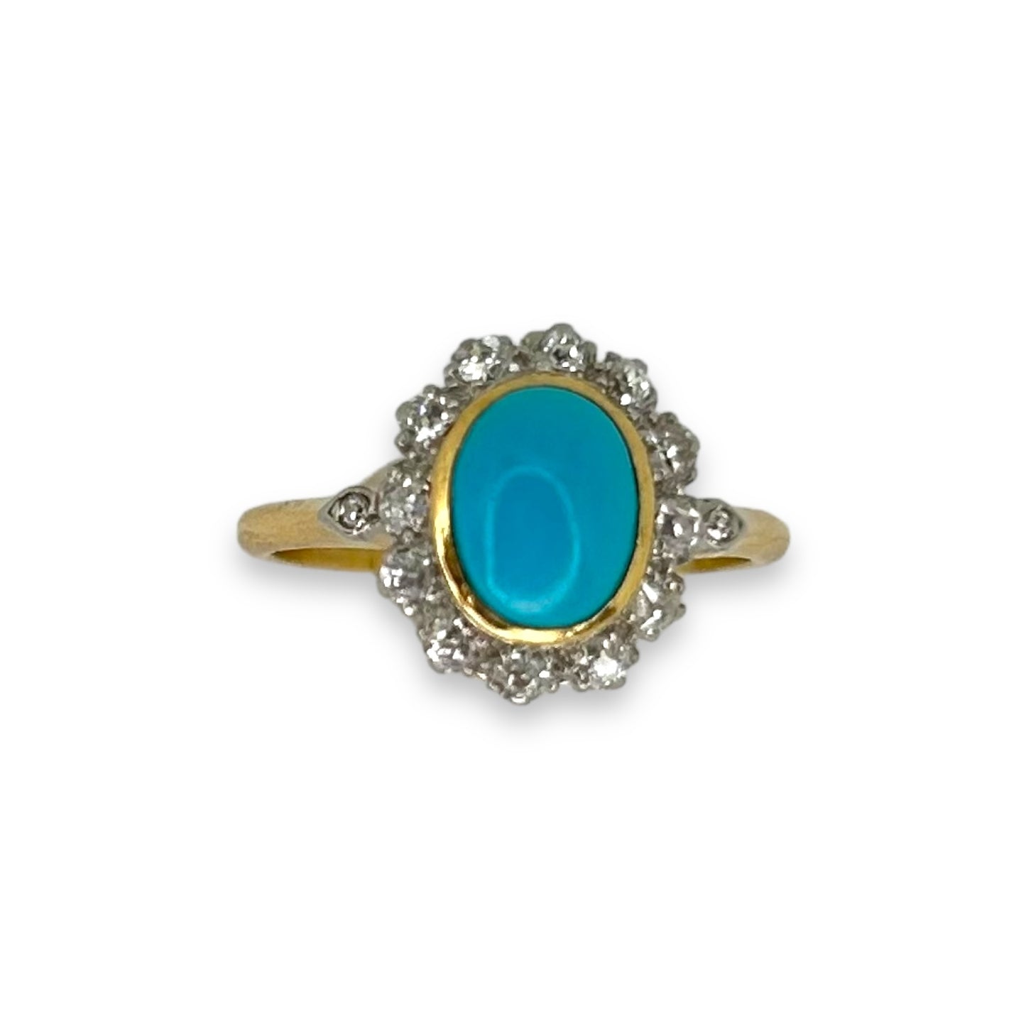 Early 20th Century Gold Turquoise Single Stone Ring w/Old Cut Diamonds