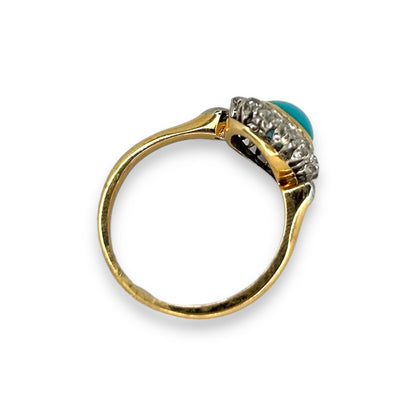 Early 20th Century Gold Turquoise Single Stone Ring w/Old Cut Diamonds