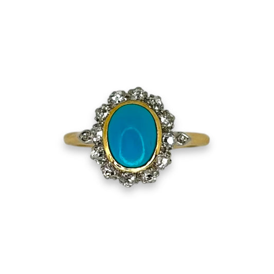 Early 20th Century Gold Turquoise Single Stone Ring w/Old Cut Diamonds