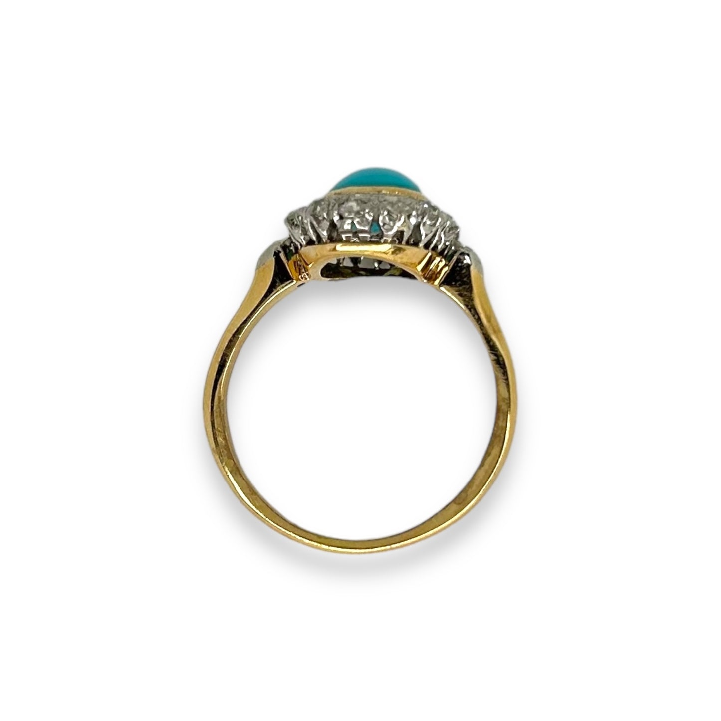 Early 20th Century Gold Turquoise Single Stone Ring w/Old Cut Diamonds