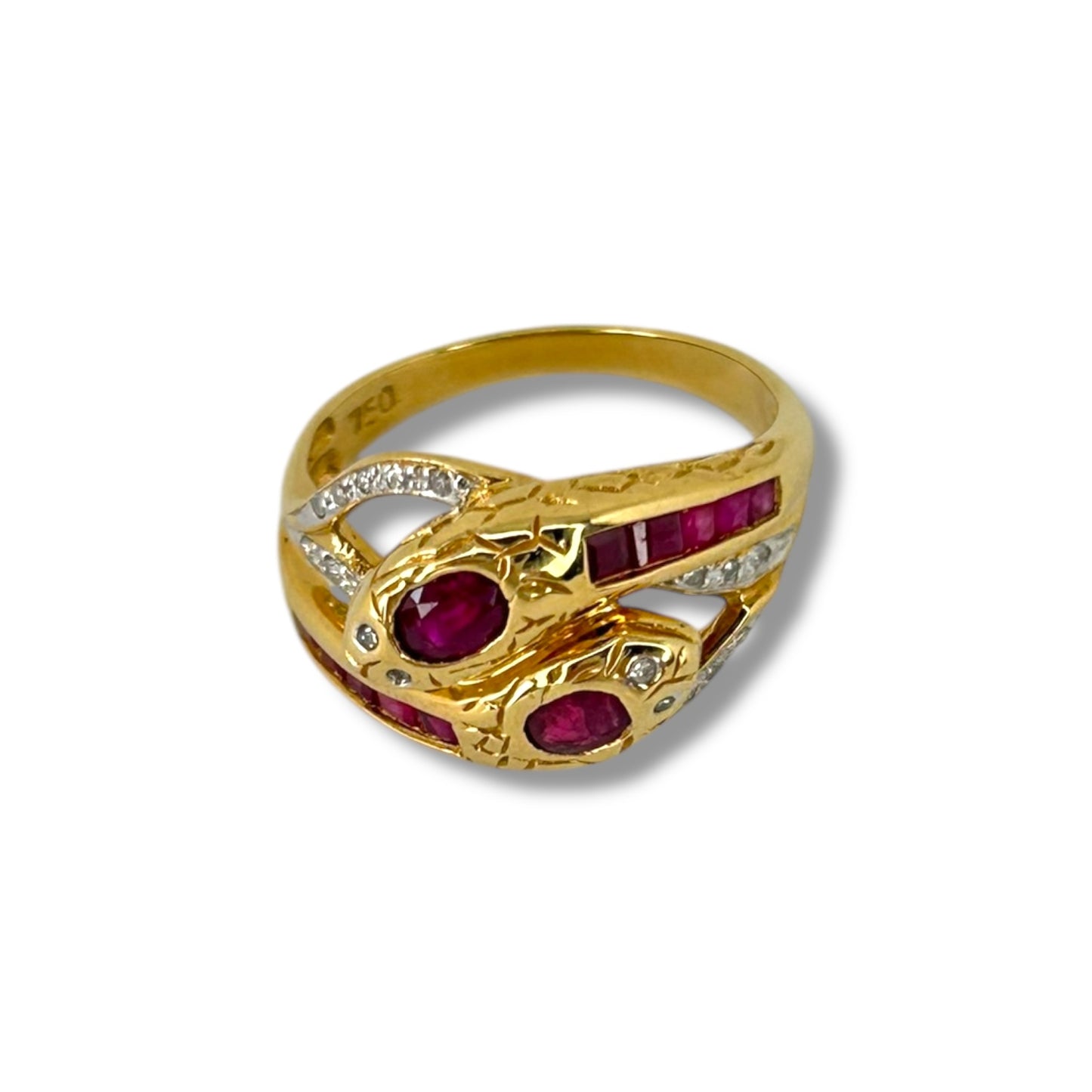 Vintage 18K Gold Natural Ruby + Diamond Double Headed Snake Ring