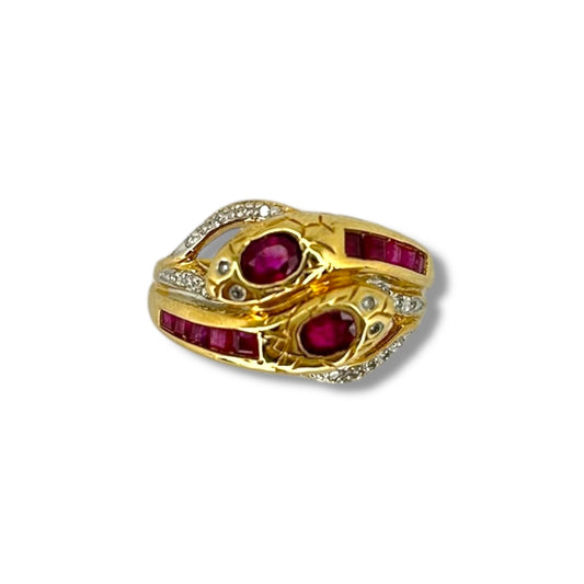 Vintage 18K Gold Natural Ruby + Diamond Double Headed Snake Ring