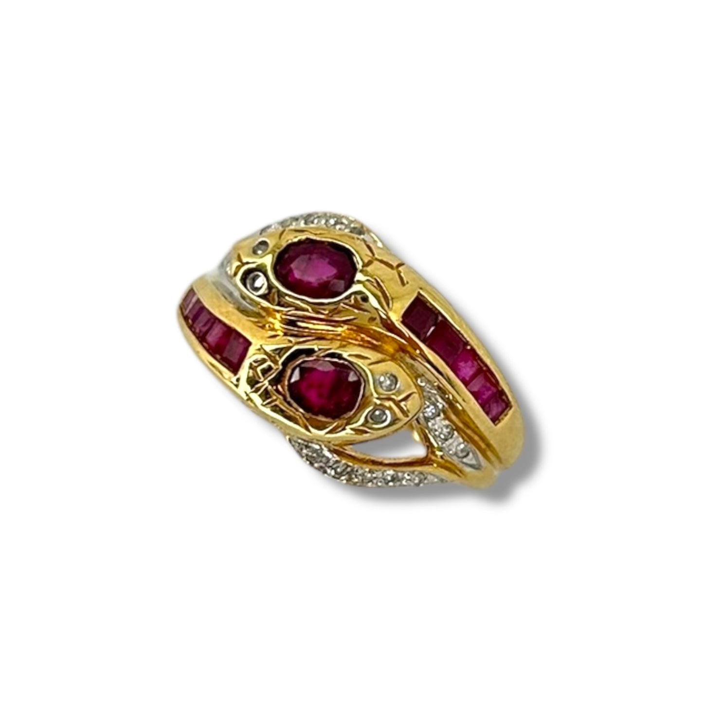 Vintage 18K Gold Natural Ruby + Diamond Double Headed Snake Ring