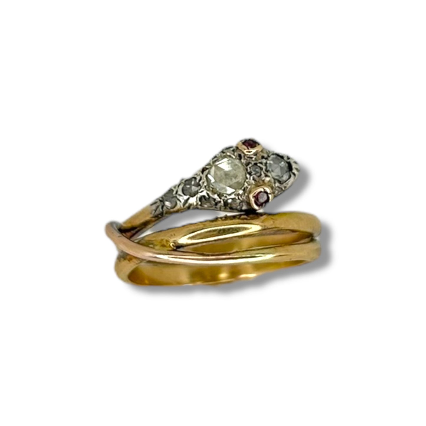 Late Victorian Two-Tone Snake Ring w/ Rubies + Diamonds