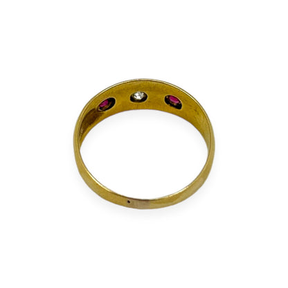 VINTAGE 18K RUBY + DIAMOND THREE STONE RING w/ ENGLISH HALLMARKS