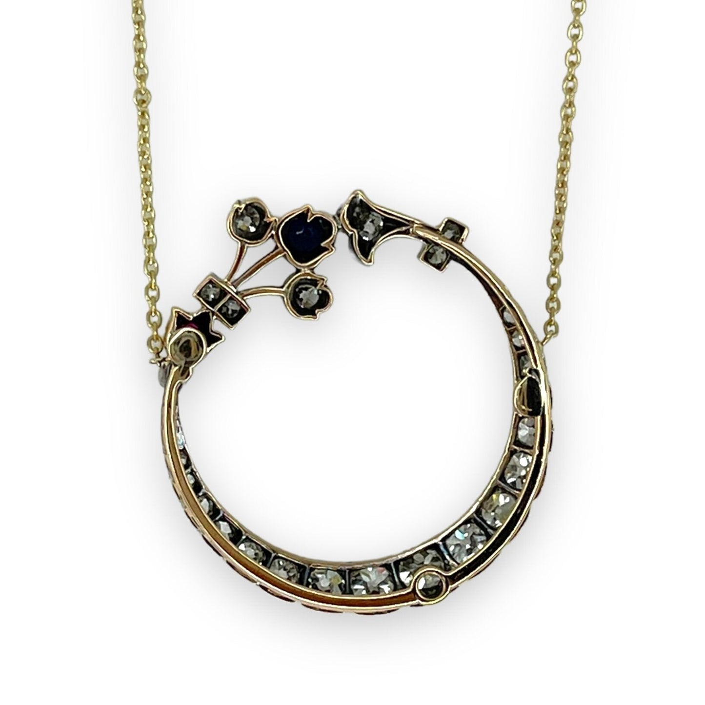 ANTIQUE 1.50 CTW DIAMOND, SAPPHIRE, + RUBY CRESCENT MOON NECKLACE