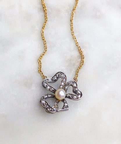 VINTAGE 14K DIAMOND and PEARL BOW/CLOVER NECKLACE