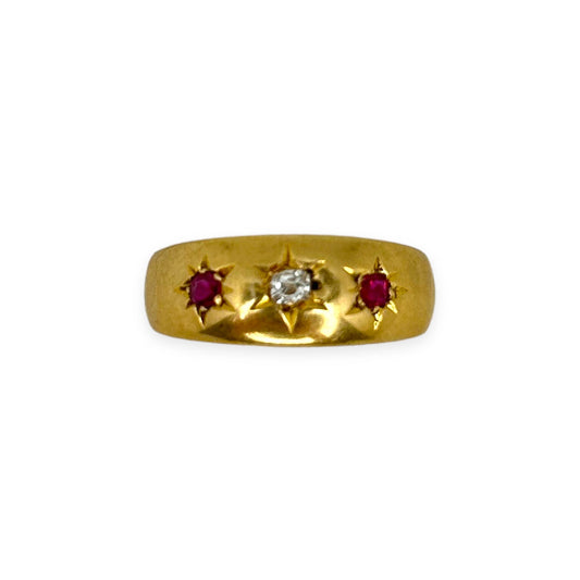 VINTAGE 18K RUBY + DIAMOND THREE STONE RING w/ ENGLISH HALLMARKS