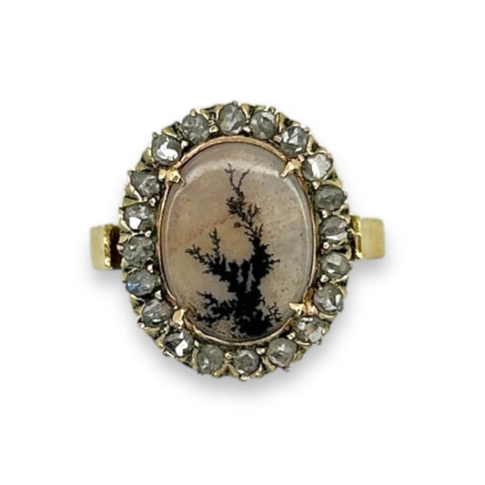 ANTIQUE DENDRITIC AGATE + ROSE CUT DIAMOND OVAL HALO RING