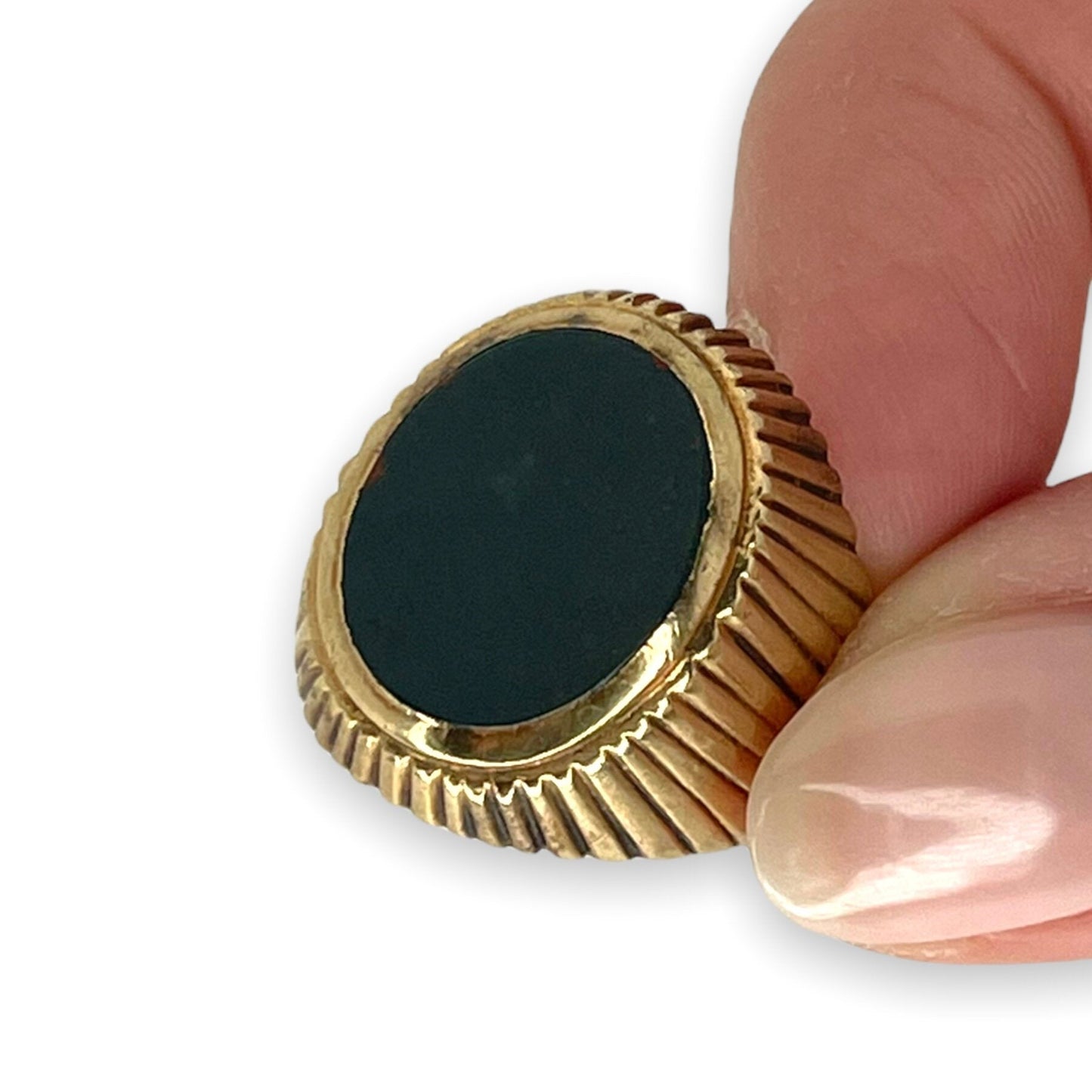 OVAL BLOODSTONE FLUTED GOLD SIGNET RING