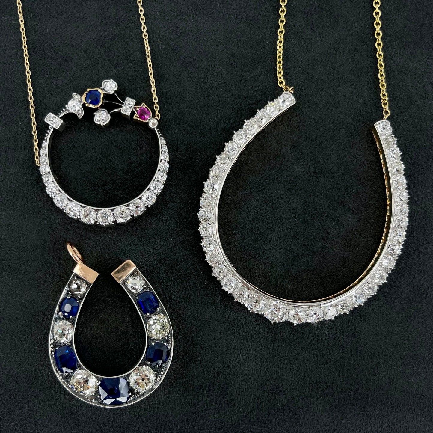 ANTIQUE 1.50 CTW DIAMOND, SAPPHIRE, + RUBY CRESCENT MOON NECKLACE