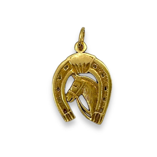 VINTAGE 14K GOLD HORSESHOE + HORSE HEAD CUT-OUT CHARM