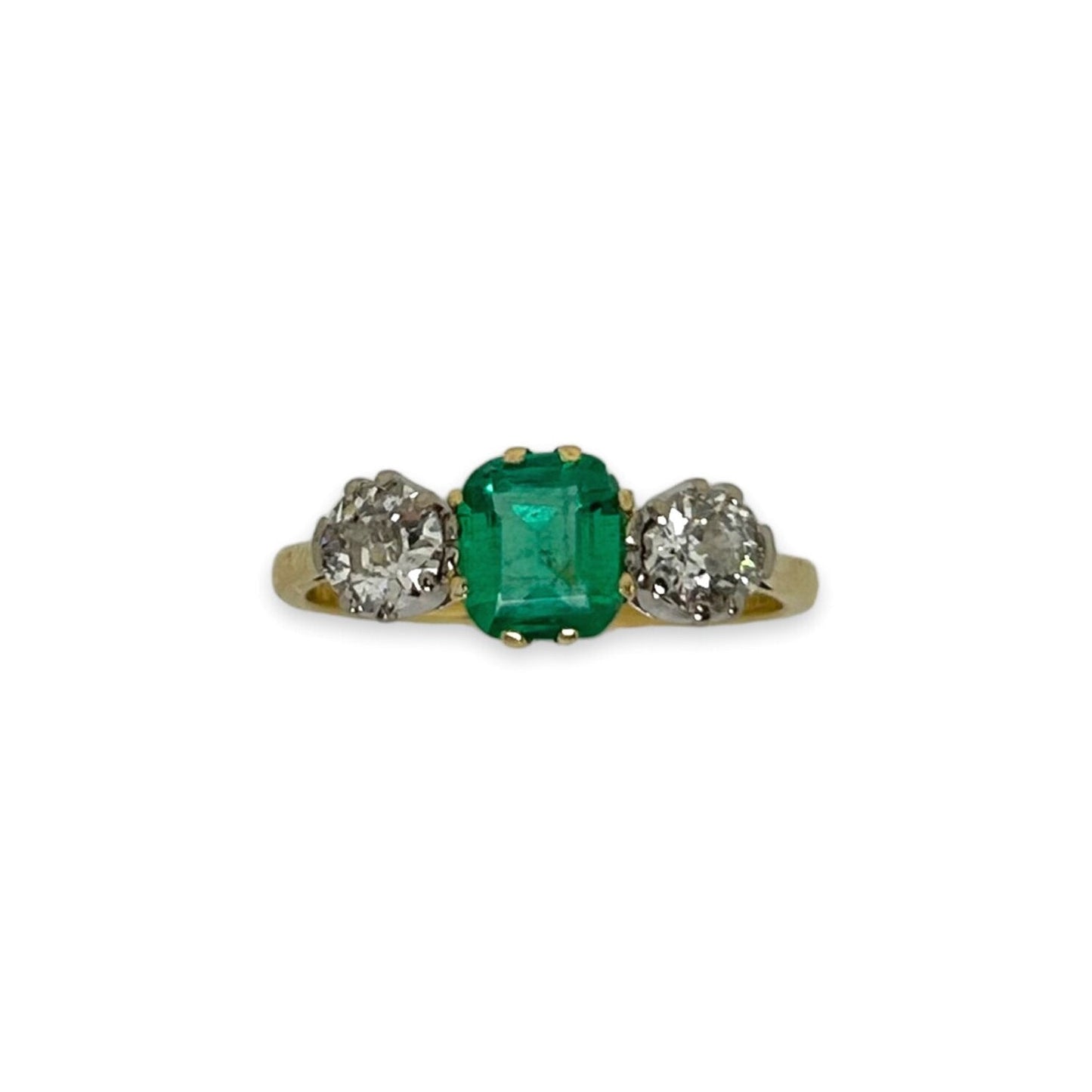 ANTIQUE 18K NATURAL EMERALD + 0.60 CTW DIAMONDS THREE STONE