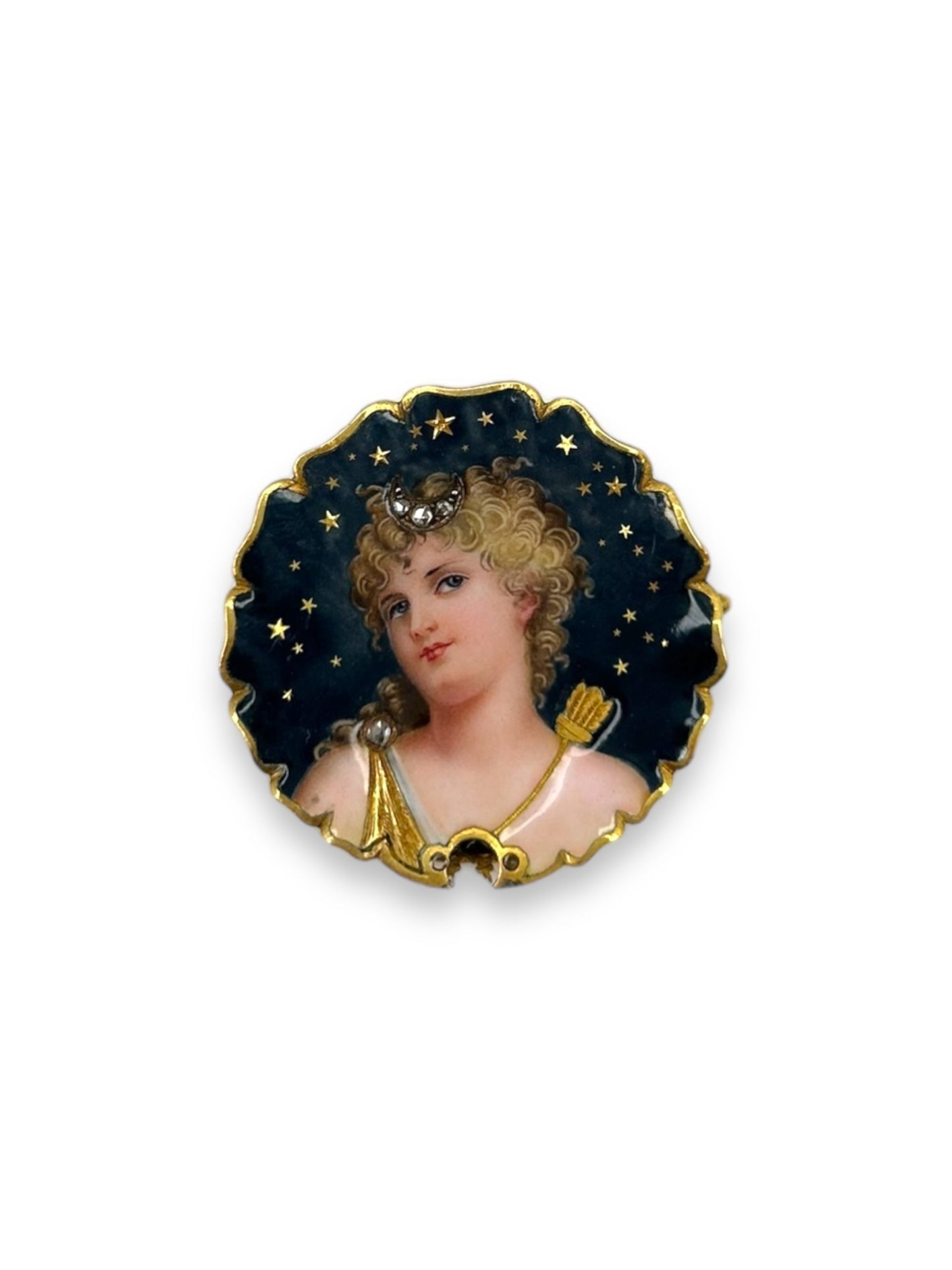 ANTIQUE 18K + ENAMEL DIANA / WOMAN BROOCH CIRCA 1890