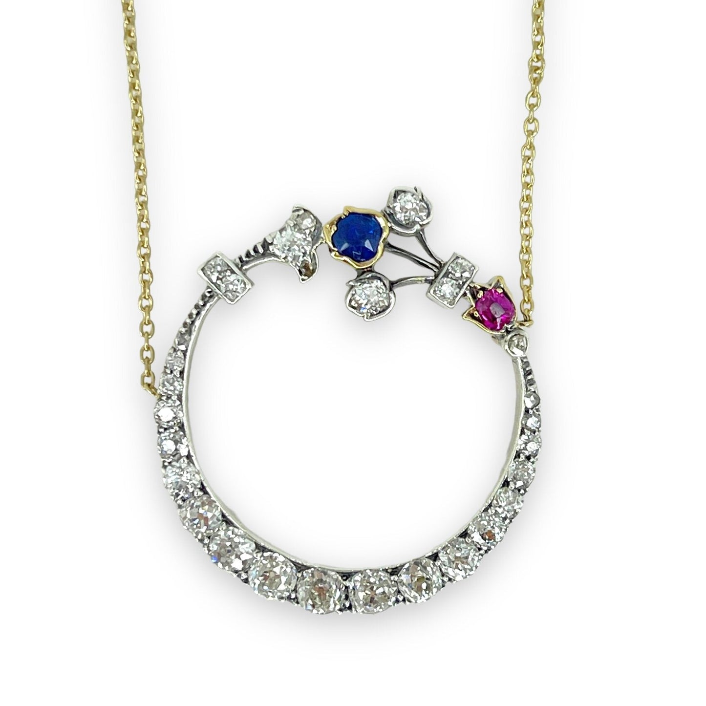 ANTIQUE 1.50 CTW DIAMOND, SAPPHIRE, + RUBY CRESCENT MOON NECKLACE