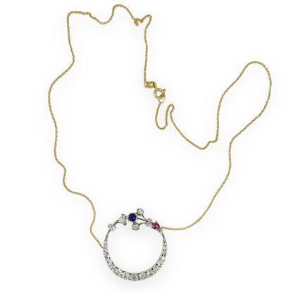 ANTIQUE 1.50 CTW DIAMOND, SAPPHIRE, + RUBY CRESCENT MOON NECKLACE