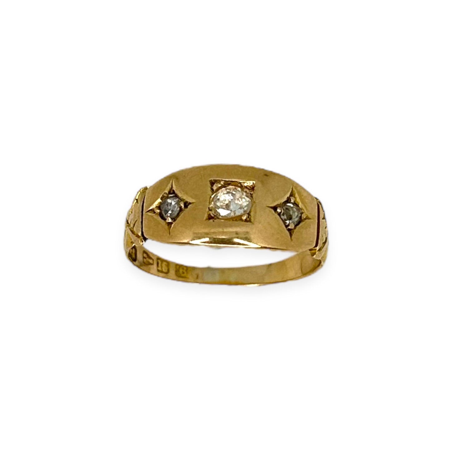 VINTAGE 3 STONE ROSECUT DIAMOND RING w/ ENGLISH HALLMARKS