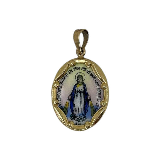 VINTAGE COLORED ENAMEL OVAL 'MIRACULOUS MEDAL' VIRGIN MARY