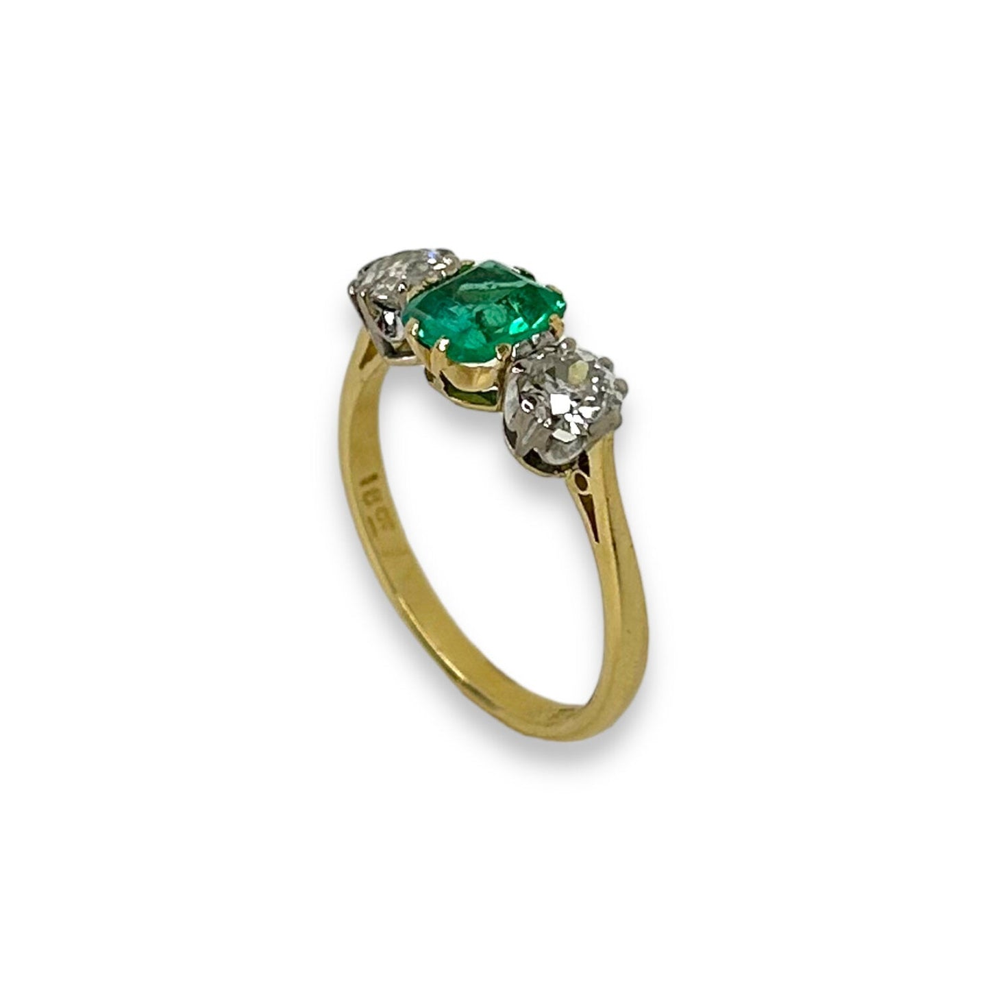 ANTIQUE 18K NATURAL EMERALD + 0.60 CTW DIAMONDS THREE STONE