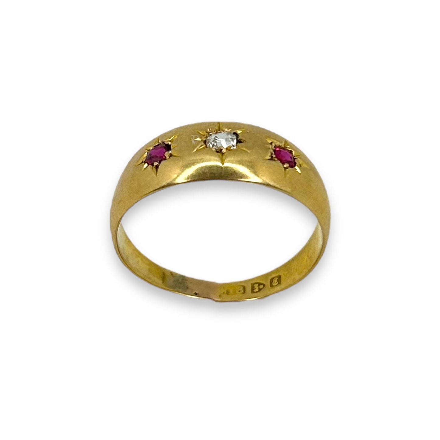 VINTAGE 18K RUBY + DIAMOND THREE STONE RING w/ ENGLISH HALLMARKS