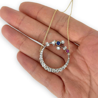 ANTIQUE 1.50 CTW DIAMOND, SAPPHIRE, + RUBY CRESCENT MOON NECKLACE