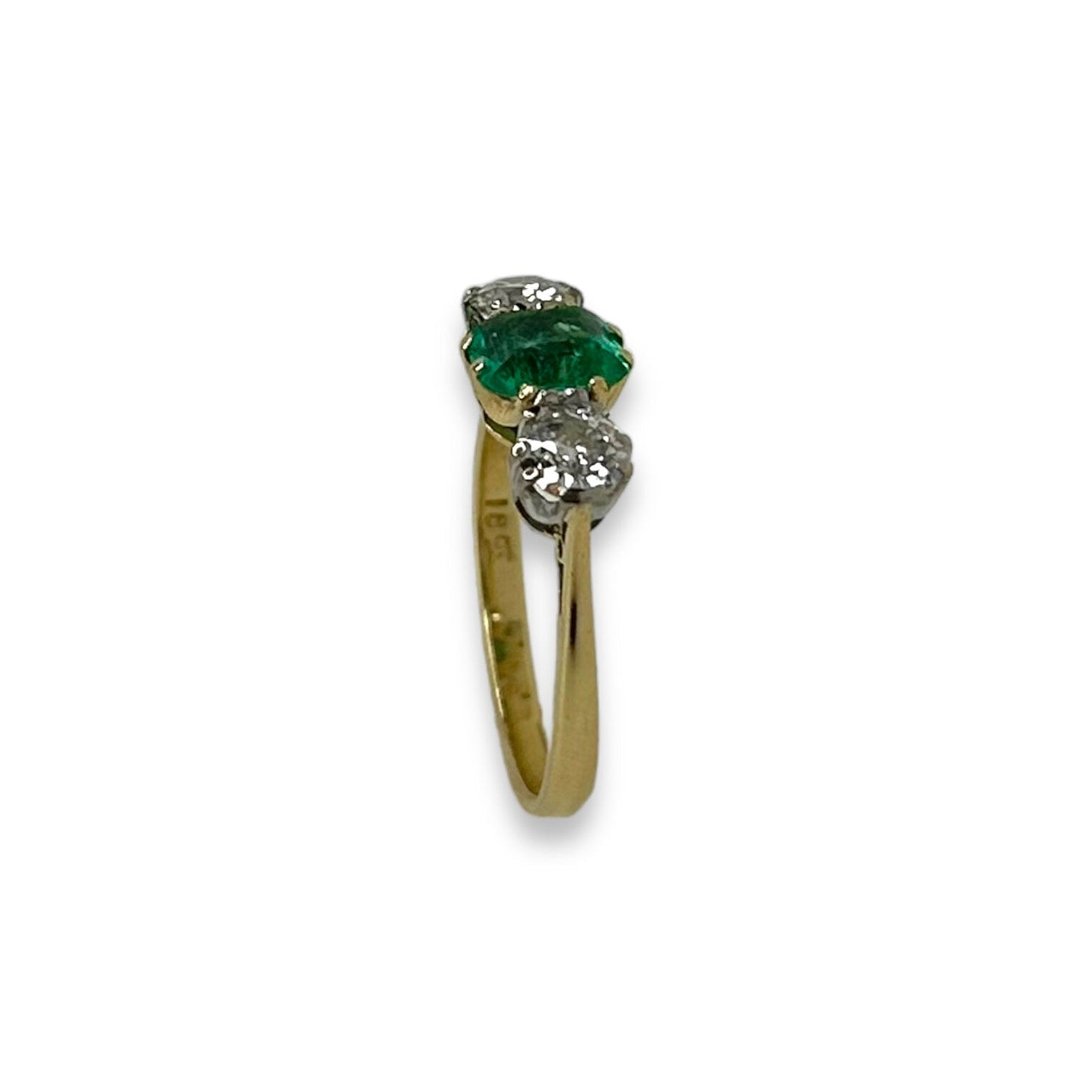 ANTIQUE 18K NATURAL EMERALD + 0.60 CTW DIAMONDS THREE STONE