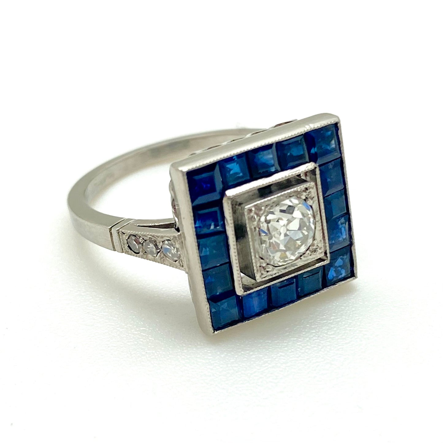 ART DECO OLD MINE CUT DIAMOND + BLUE SAPPHIRE RING