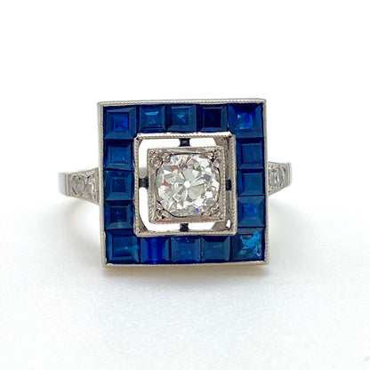 ART DECO OLD MINE CUT DIAMOND + BLUE SAPPHIRE RING