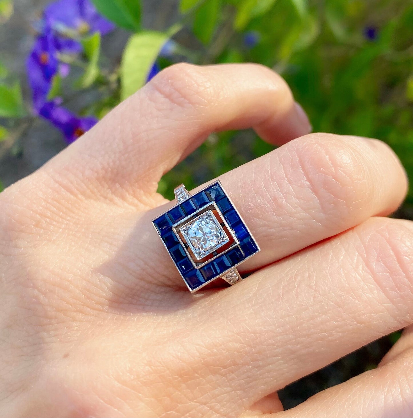 ART DECO OLD MINE CUT DIAMOND + BLUE SAPPHIRE RING