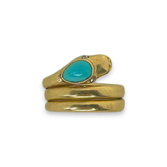 Victorian 18k Snake Ring with Turquoise and Rosecut Diamonds