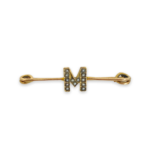 VINTAGE 9K SEED PEARL 'M' SAFETY PIN