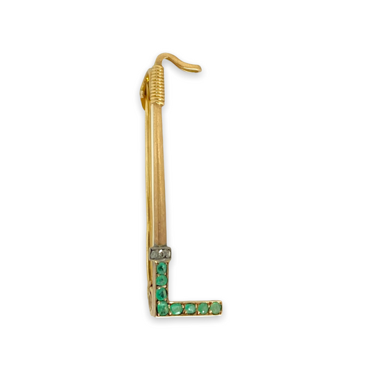ANTIQUE EMERALD RIDING CROP/ 'L' BROOCH WITH DIAMONDS